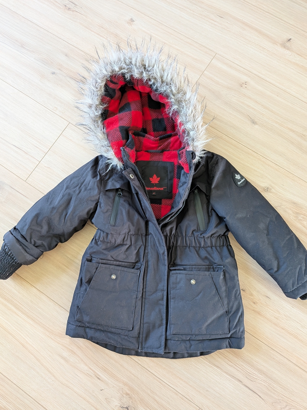 Kids' Black Winter Parka with Red Plaid Lining